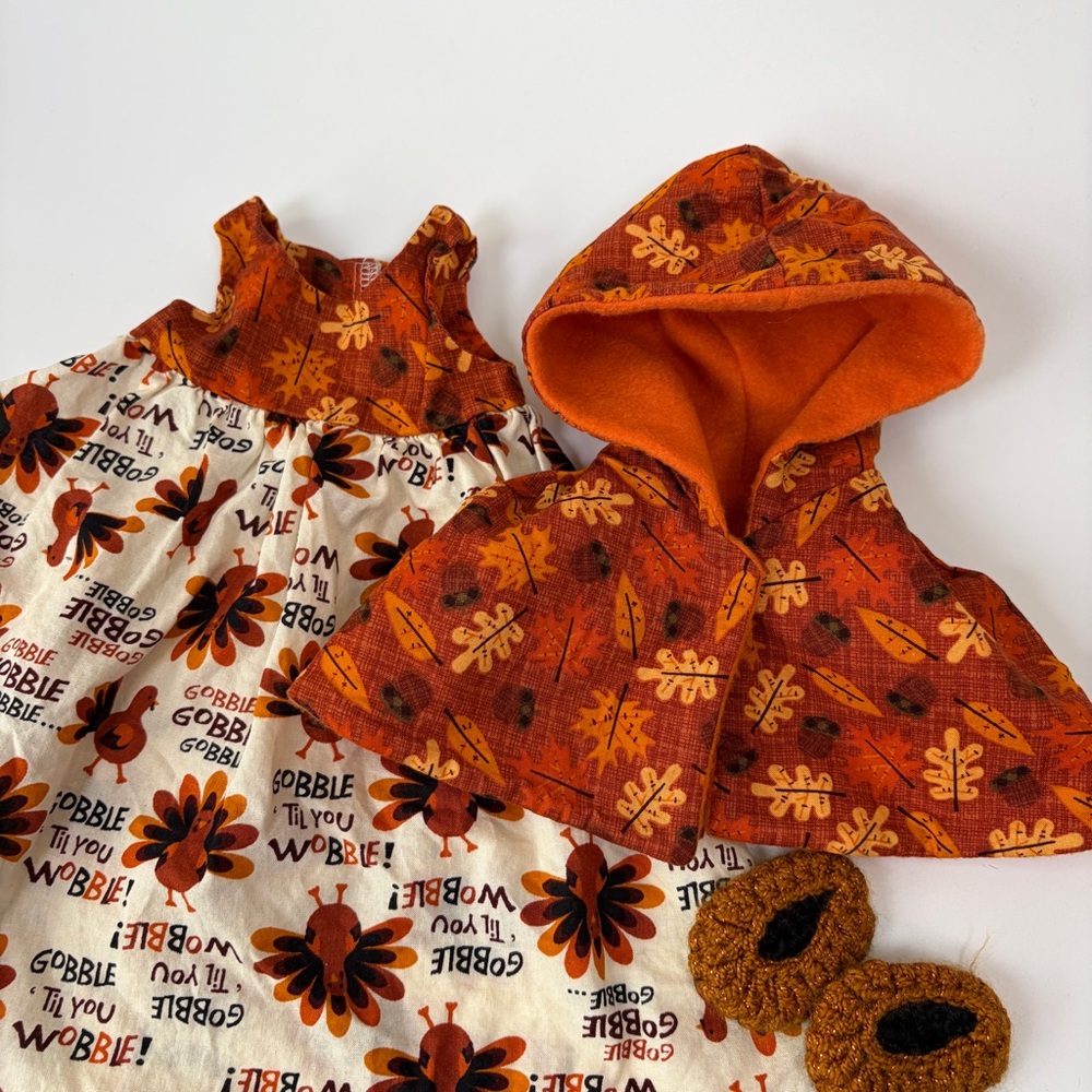 Handmade 18” Doll Thanksgiving Fall Outfit Dress Cape and Slippers - Picture 4 of 7